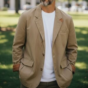 Orvis Mens Field Barn Chore Jacket Coat In Tan With Leather Accents Size 46R